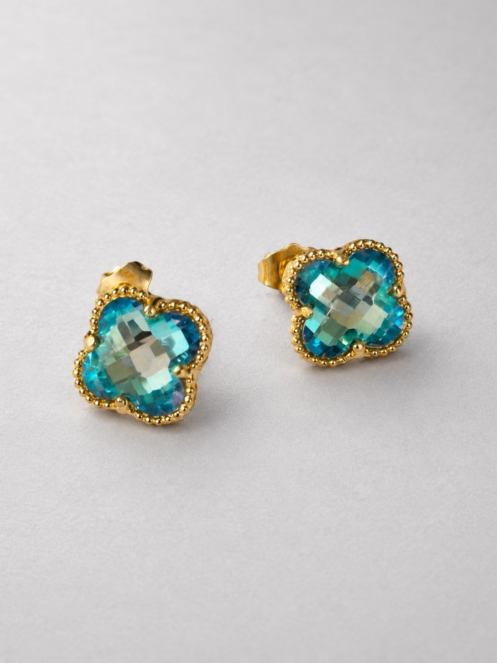 Laminated Gold  Blue Clover Crystal Stud Earrings